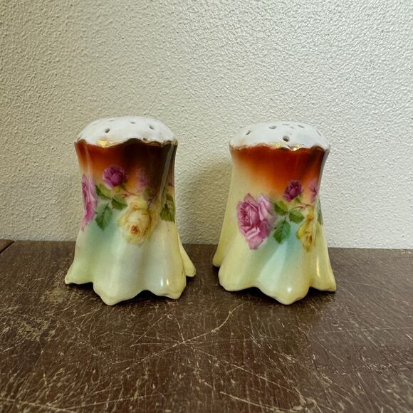 Antique Vintage Germany Porcelain Transferware Floral Salt &‎ pepper Shakers - Picture 1 of 9